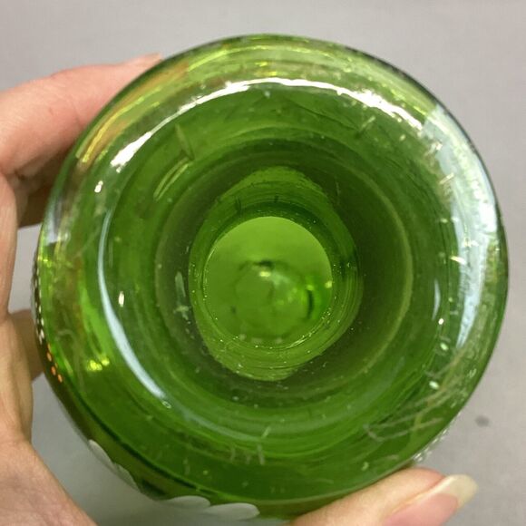 Green Glass Vase With Hand Painted Flowers - 6.75” - Picture 8 of 9